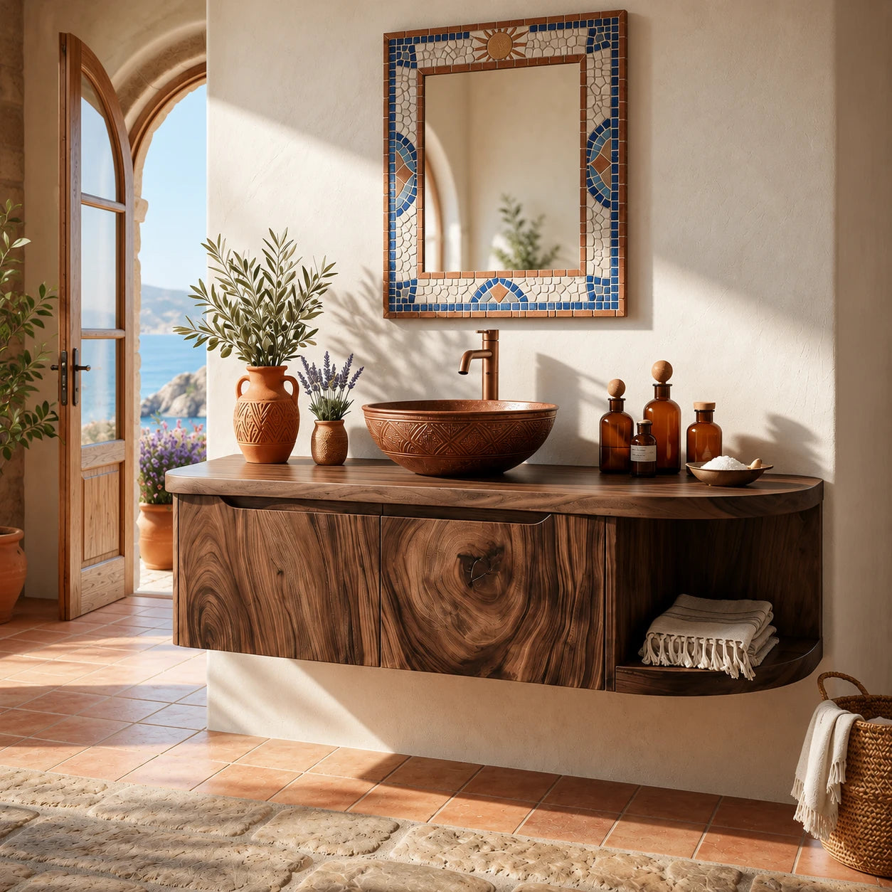 Rounded End Bathroom Vanity Cabinet in Natural Solid Wood With Two Doors - ArborisWood