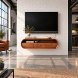 Refined modern TV stand in natural solid wood with open display shelf and drawers