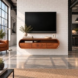 Minimalist console for TV in natural solid wood with floating look and smart storage
