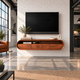 Sophisticated entertainment console in natural solid wood with rounded frame design