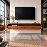 Clean lined media unit in natural solid wood with floating shape and open shelf design