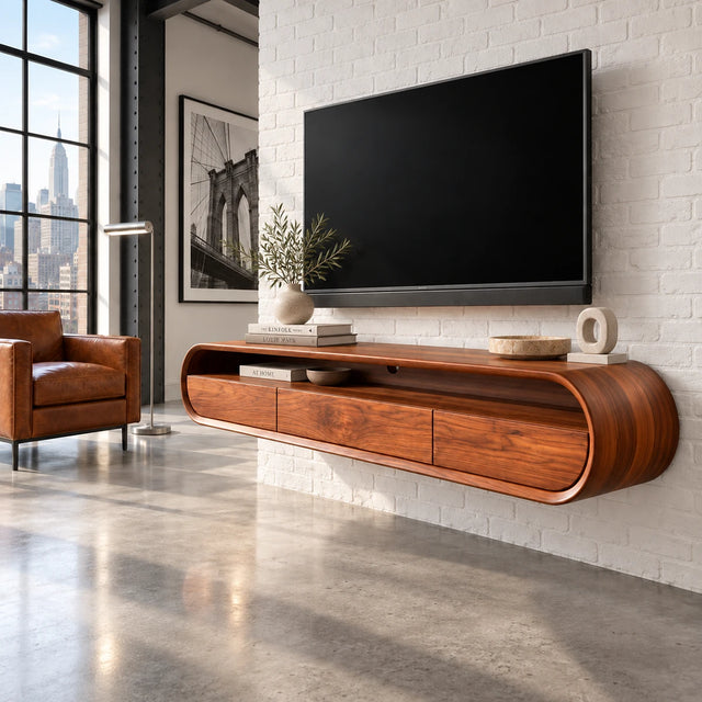 Floating TV stand in natural solid wood with rounded frame and open shelf storage