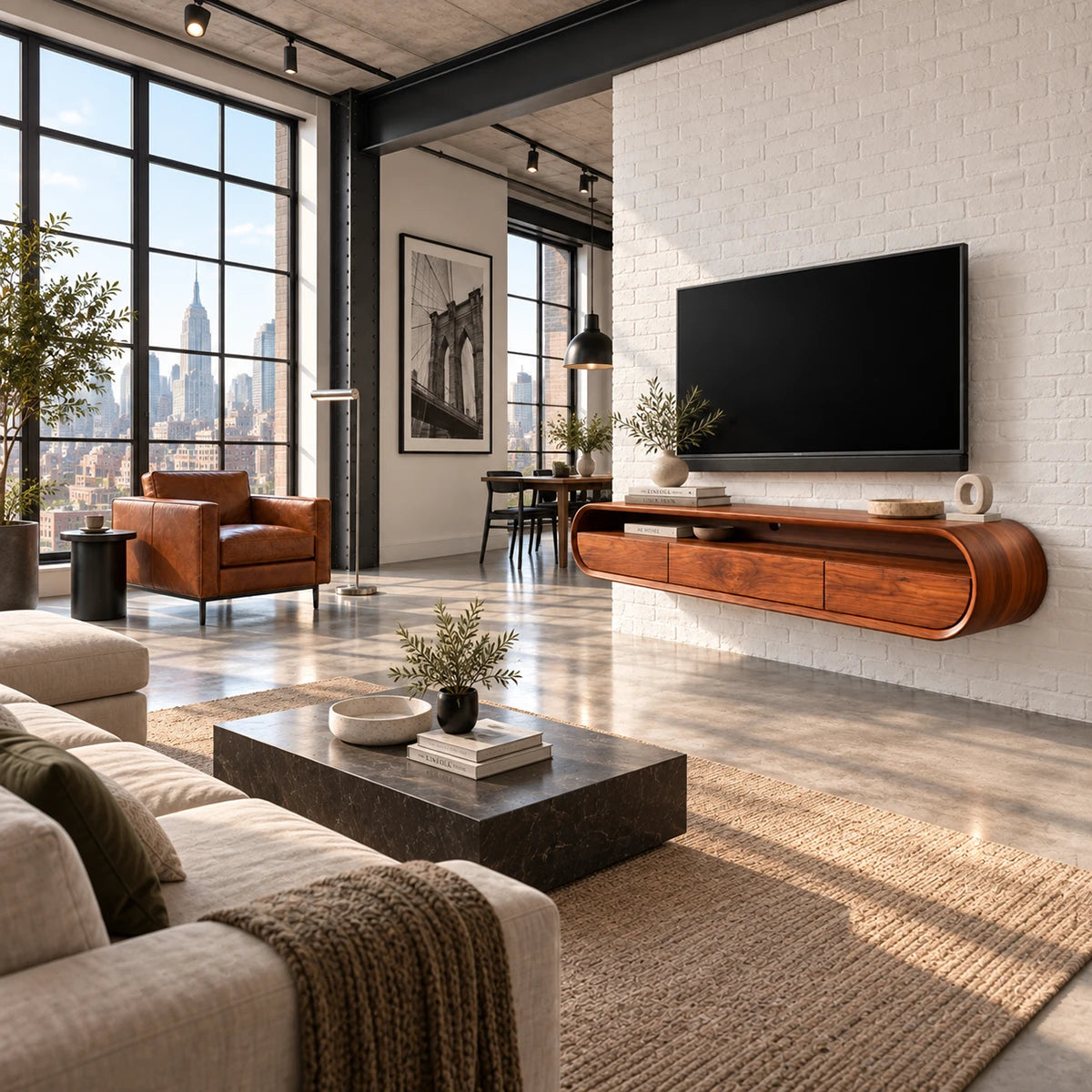 Wall mounted TV stand in natural solid wood with curved ends and drawer storage design