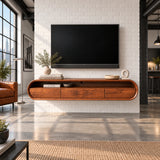 Modern media console in natural solid wood with floating form and rounded corners