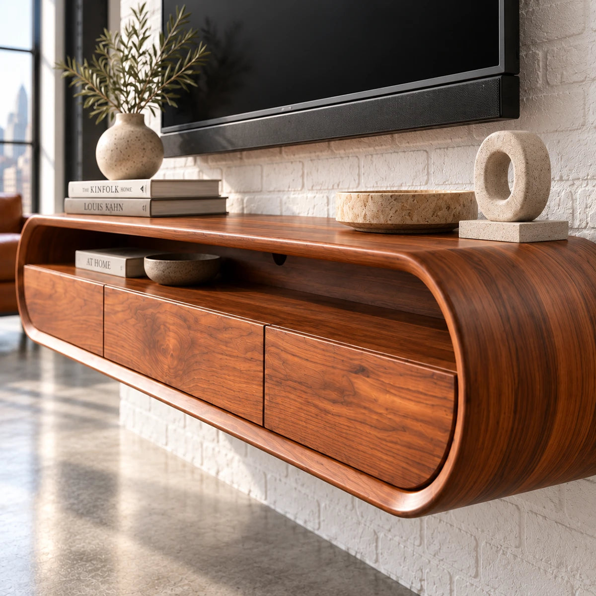 Low media cabinet in natural solid wood with open shelf and clean drawer front style