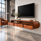 Sleek entertainment center in natural solid wood with floating mount and shelf space