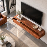 Rounded TV console in natural solid wood with streamlined silhouette and storage