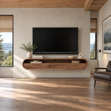 Minimal television stand in natural solid wood with floating profile and drawers