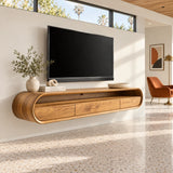 Elegant living room TV stand in natural solid wood with rounded edges and floating style