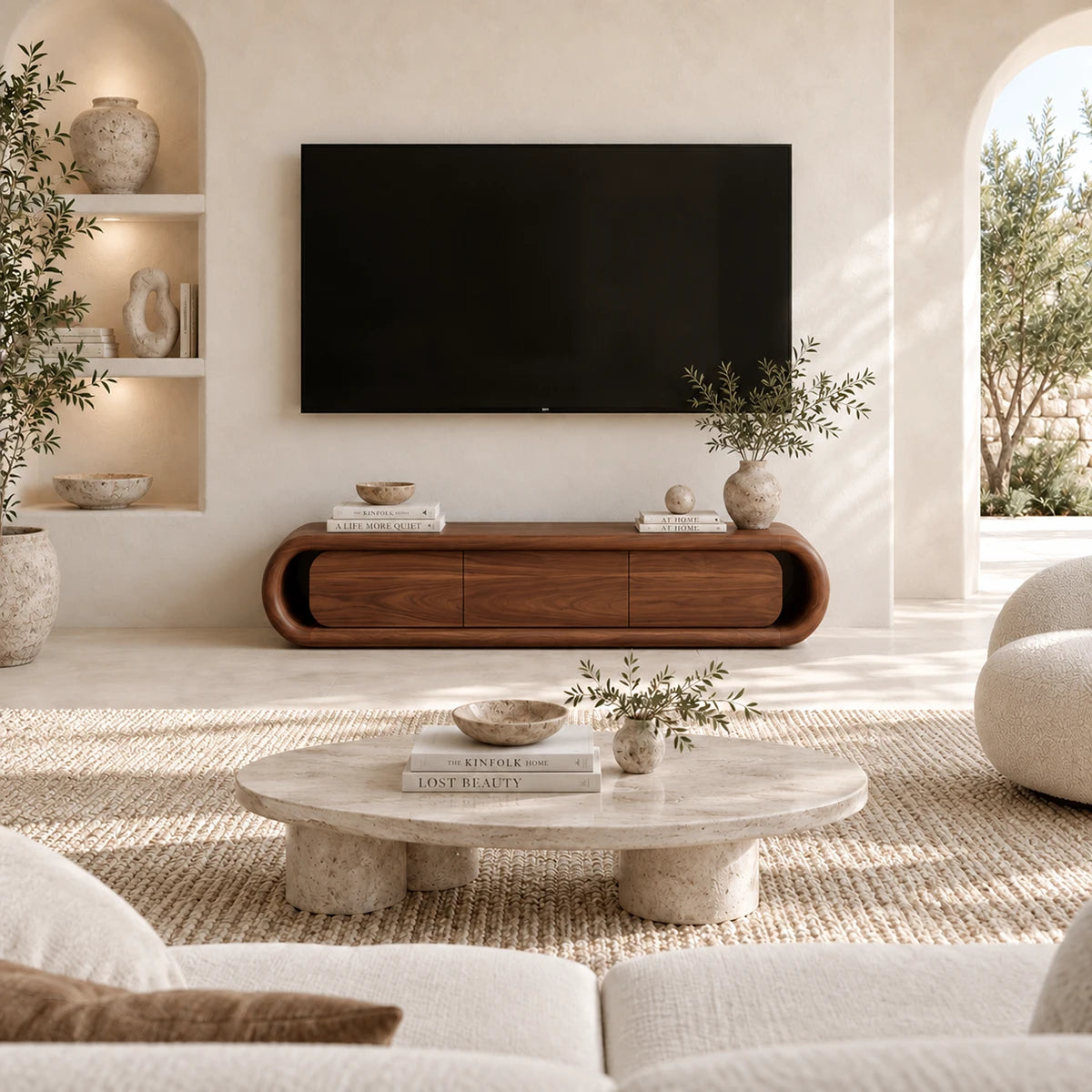 Low TV console in natural solid wood with smooth doors complements minimalist interiors