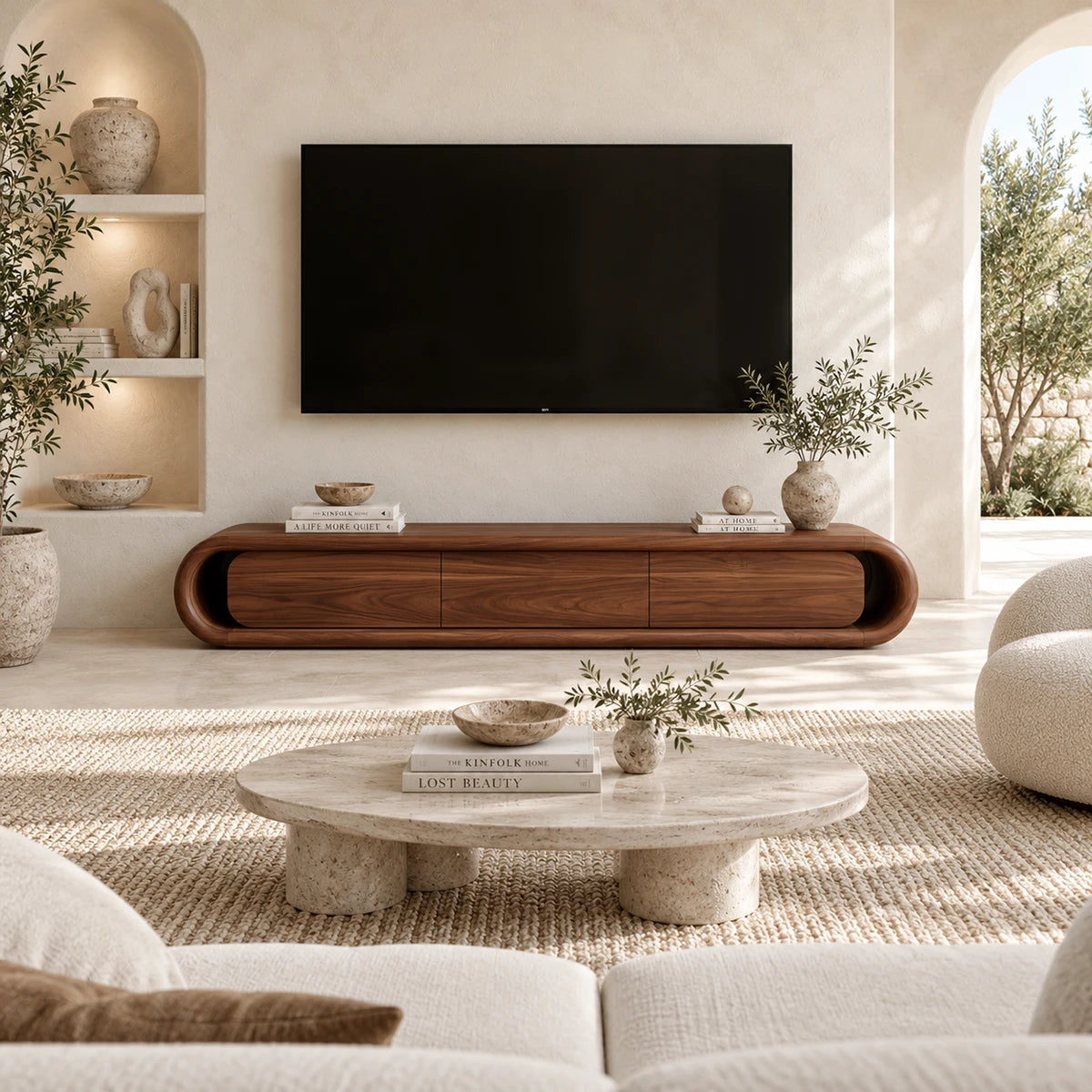 Low profile media console with soft curved edges and clean doors for a refined interior