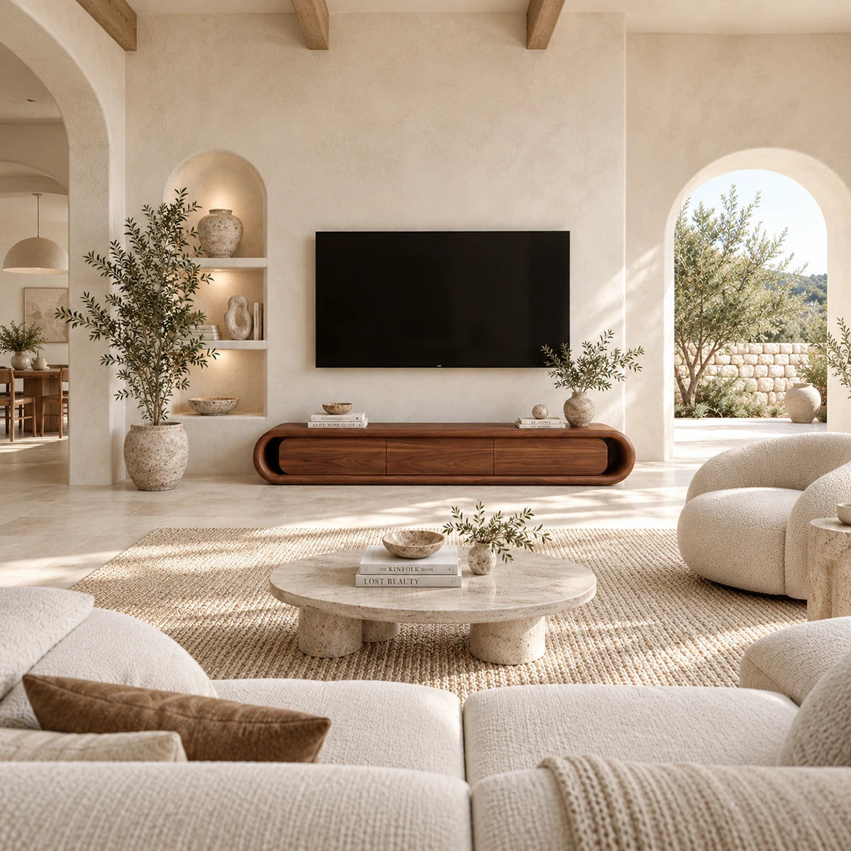 Natural solid wood TV stand with rounded frame and closed storage for modern living rooms