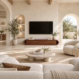 Natural solid wood TV stand with rounded frame and closed storage for modern living rooms