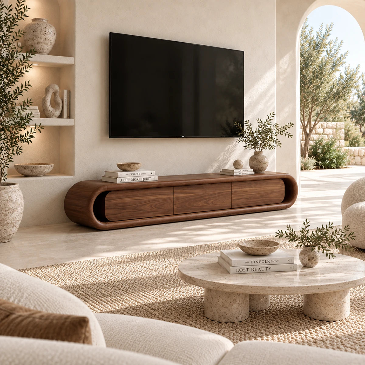 Modern TV cabinet with rounded frame adds sleek storage beneath a wall mounted television