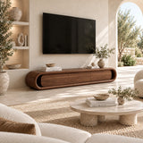 Modern TV cabinet with rounded frame adds sleek storage beneath a wall mounted television