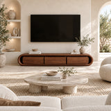 Curved TV stand in natural solid wood brings a calm look to contemporary living spaces