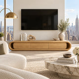Solid wood entertainment unit with streamlined doors offers storage for media gear
