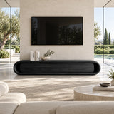 Contemporary media console with smooth front panels and rounded sides for modern interiors