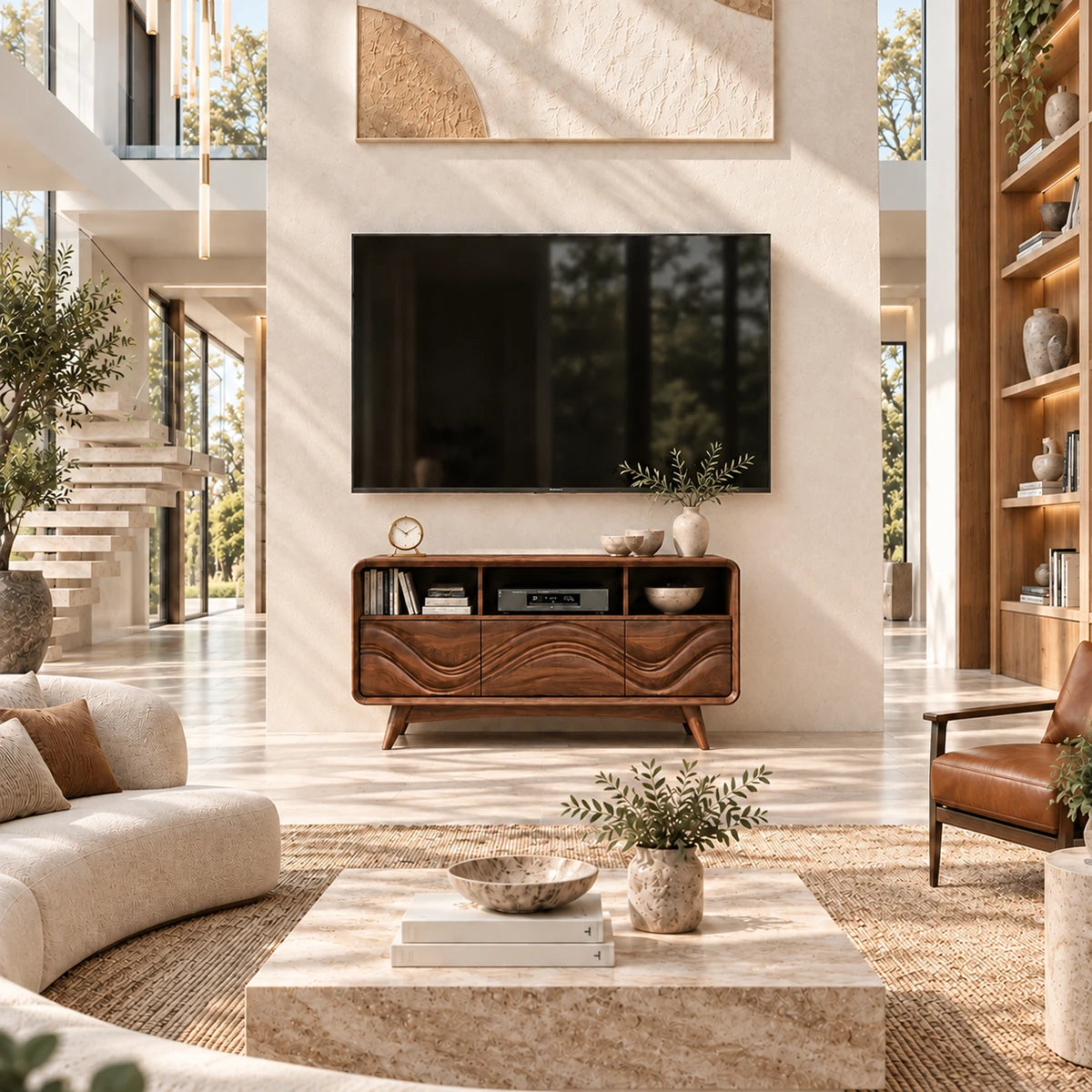 Artistic TV console with flowing relief doors and open media bays for a modern lounge