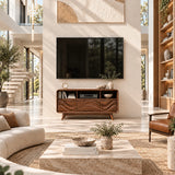 Artistic TV console with flowing relief doors and open media bays for a modern lounge