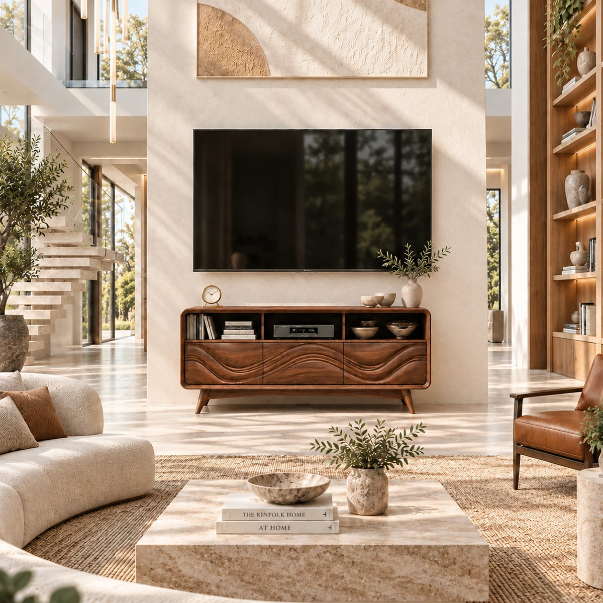 Modern entertainment console with carved lower panels and accessible storage above