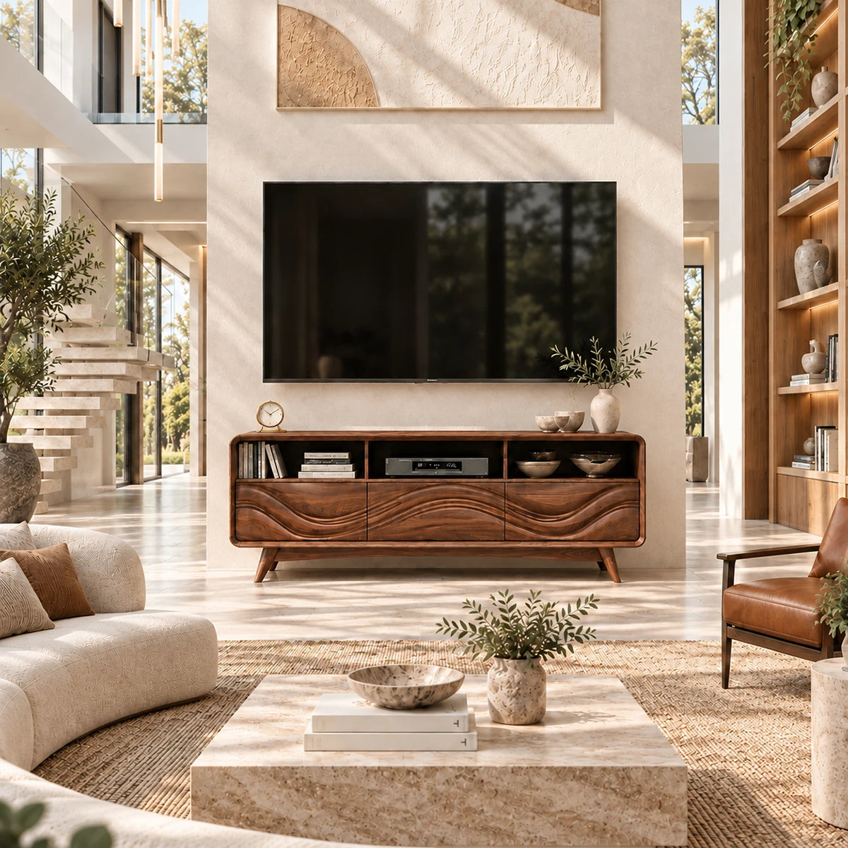 Refined TV stand with carved relief panels and open compartments for a clean media setup