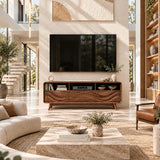 Refined TV stand with carved relief panels and open compartments for a clean media setup