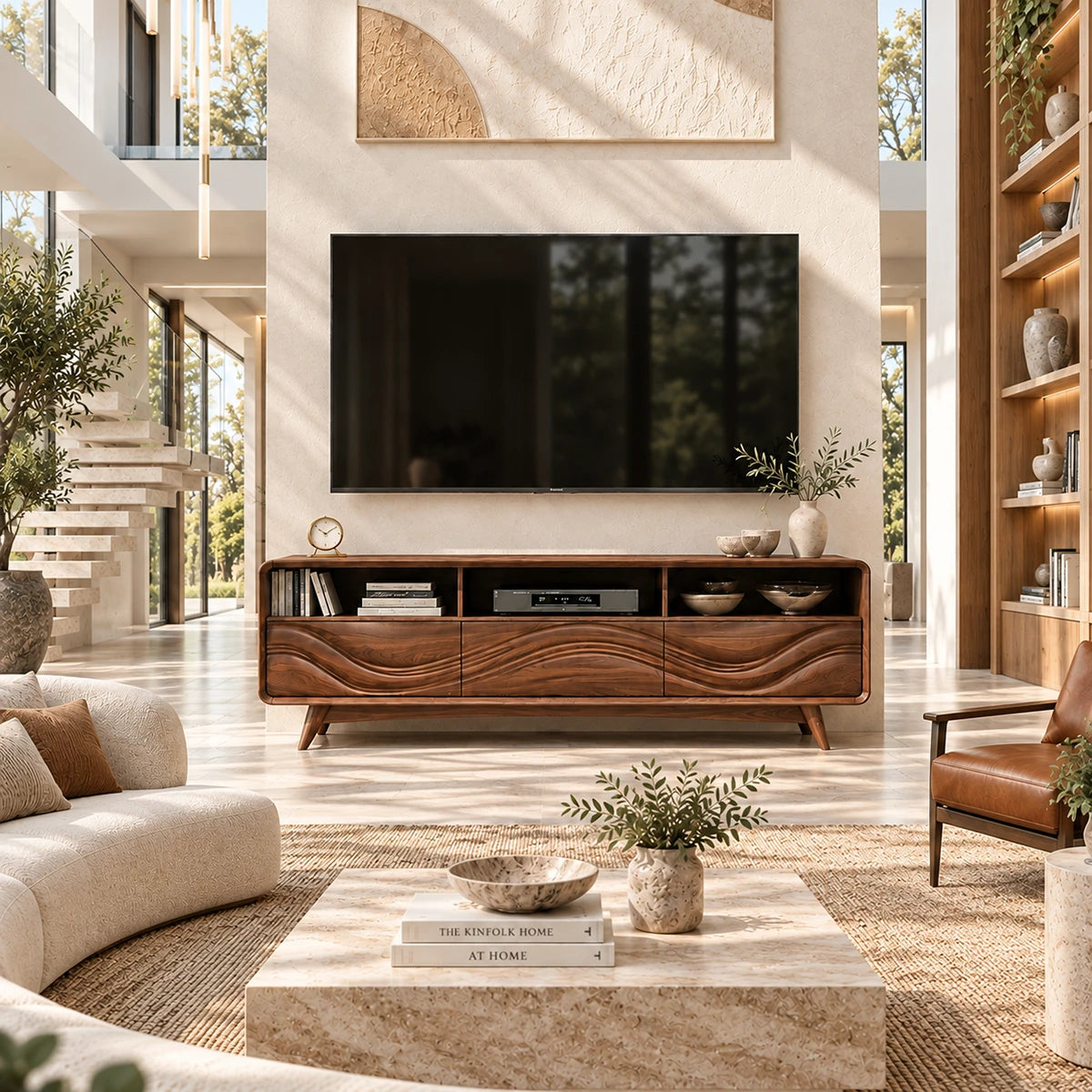 Natural solid wood TV stand with carved wave doors and open storage for modern rooms