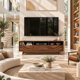 Natural solid wood TV stand with carved wave doors and open storage for modern rooms