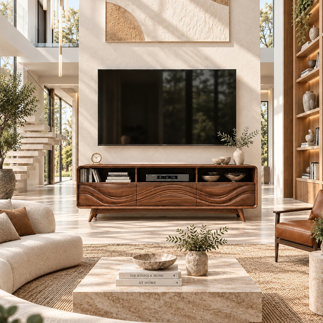 Natural solid wood TV stand with carved wave doors and open storage for modern rooms