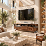 Natural solid wood media stand with carved details and open shelving for everyday use