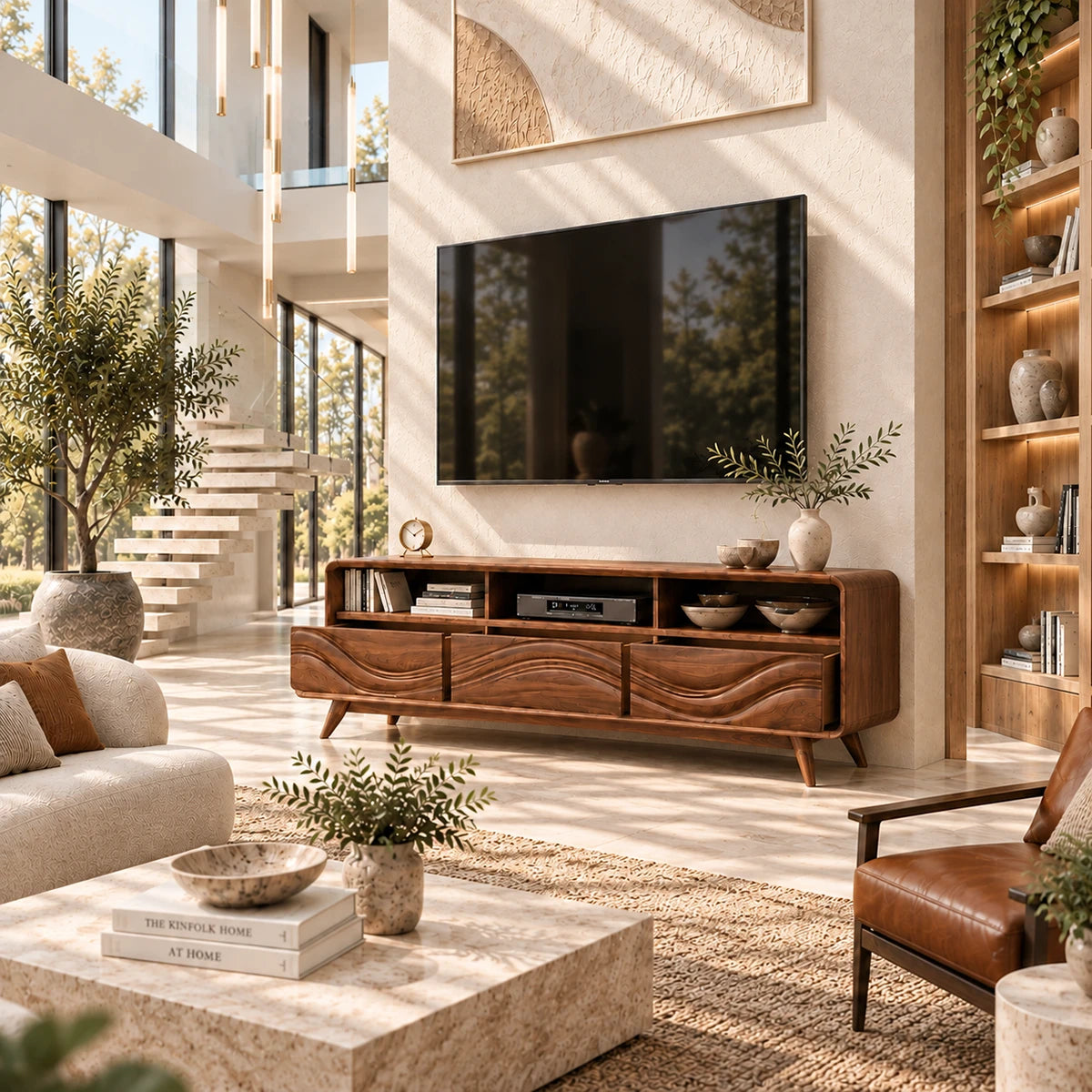 Solid wood TV console with sculpted fronts and open shelving for contemporary spaces