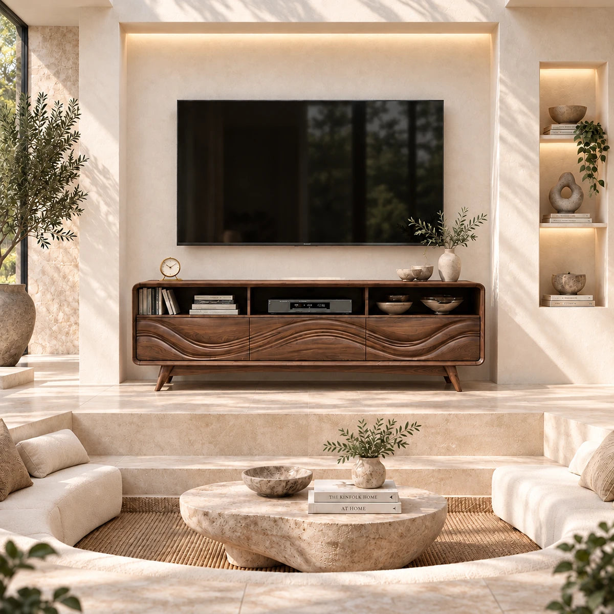 Statement TV stand with flowing carved doors and open shelves beneath a wall mounted TV