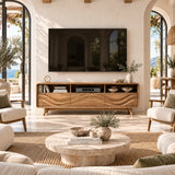 Contemporary media console with relief front panels and practical open storage bays