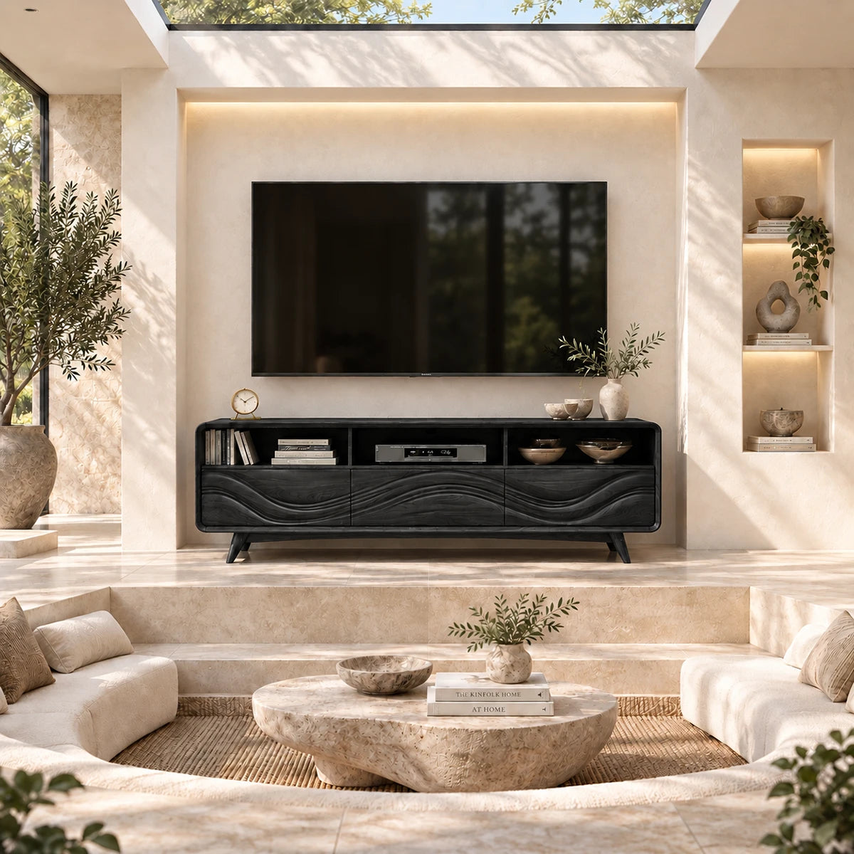Decorative TV cabinet with sculpted wave fronts and open compartments for electronics