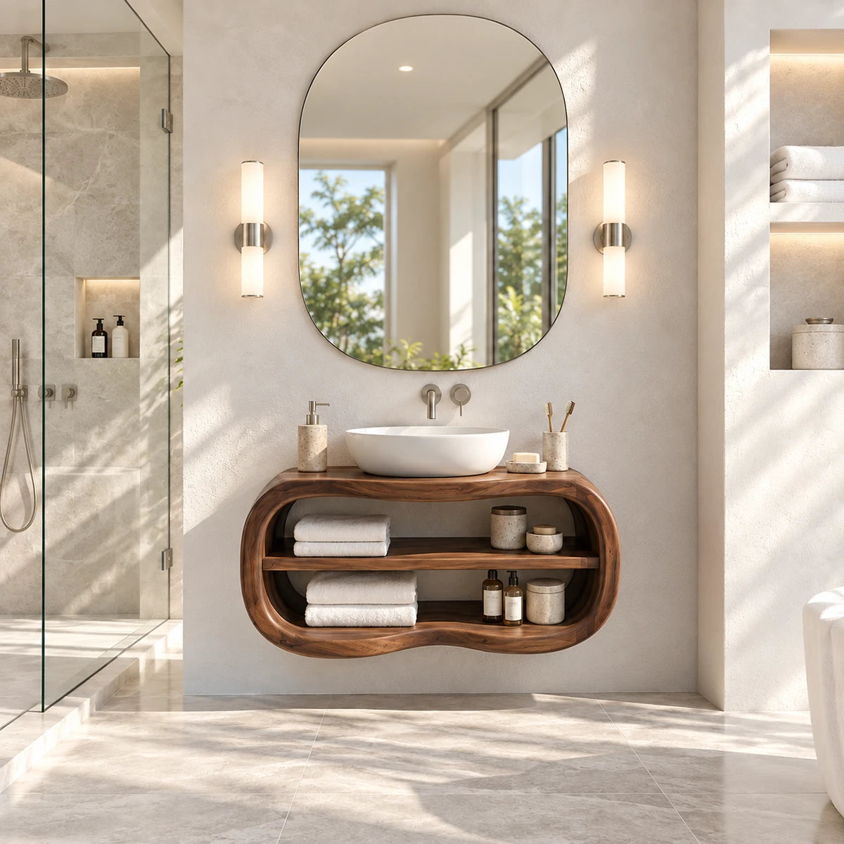 Refined floating vanity in natural solid wood with vessel basin and open shelves