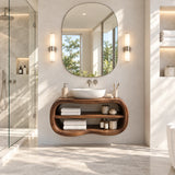 Refined floating vanity in natural solid wood with vessel basin and open shelves