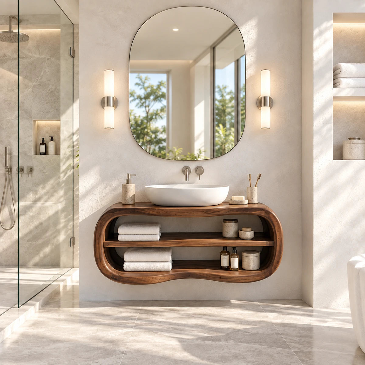 Spa style bathroom vanity in natural solid wood with rounded frame and display shelf