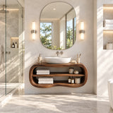 Spa style bathroom vanity in natural solid wood with rounded frame and display shelf