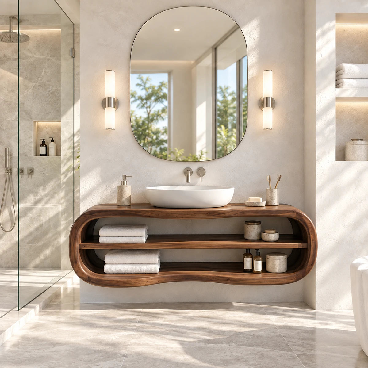 Space saving bath vanity in natural solid wood with open shelves and oval frame style