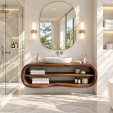 Space saving bath vanity in natural solid wood with open shelves and oval frame style