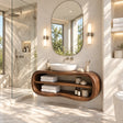 Floating bathroom vanity in natural solid wood with vessel sink and double open shelves