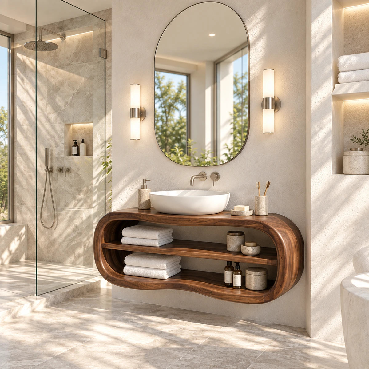 Floating bathroom vanity in natural solid wood with vessel sink and double open shelves