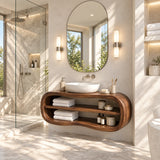 Floating bathroom vanity in natural solid wood with vessel sink and double open shelves