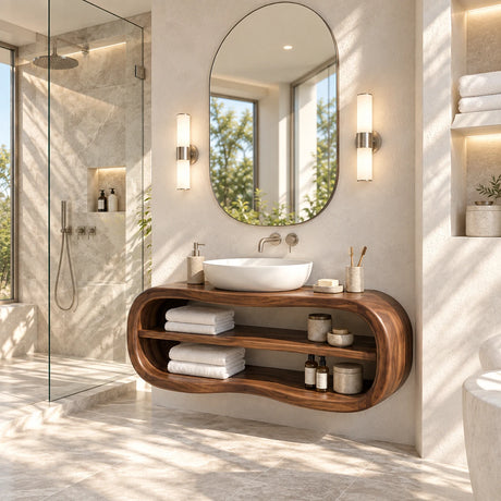 Floating bathroom vanity in natural solid wood with vessel sink and double open shelves