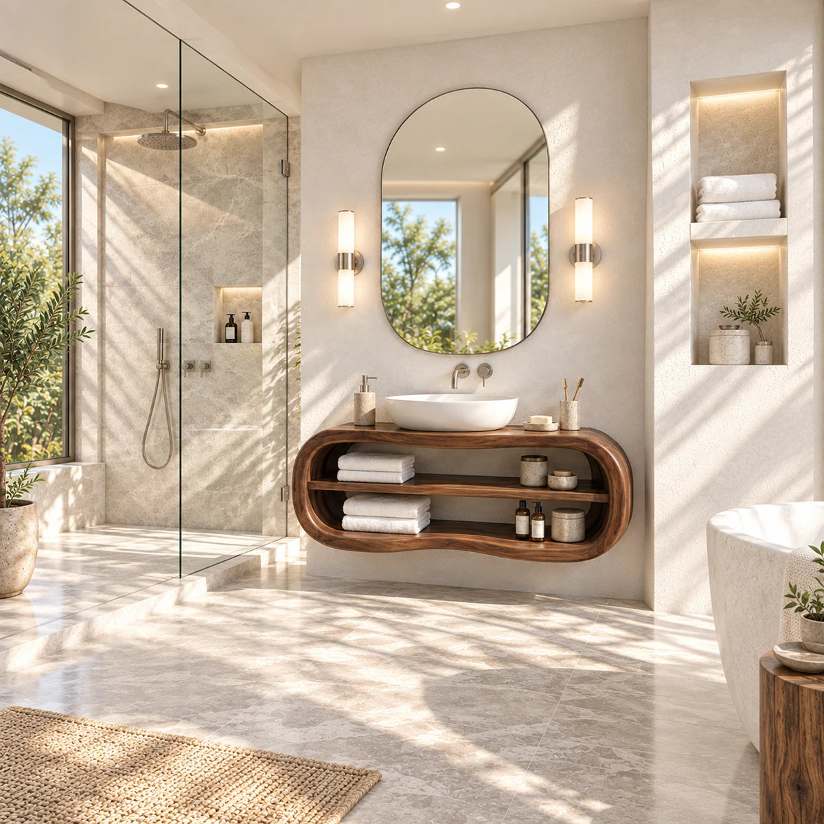 Modern wall mounted vanity in natural solid wood with open shelves and vessel basin