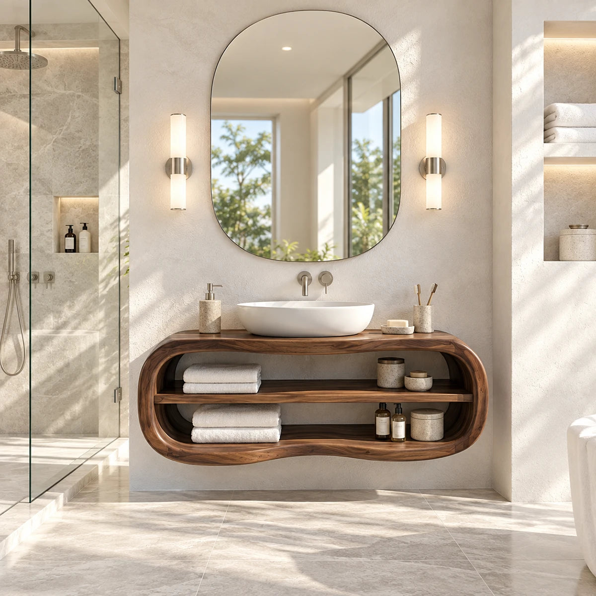 Single sink bathroom vanity in natural solid wood with sculptural rounded frame design