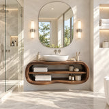 Single sink bathroom vanity in natural solid wood with sculptural rounded frame design