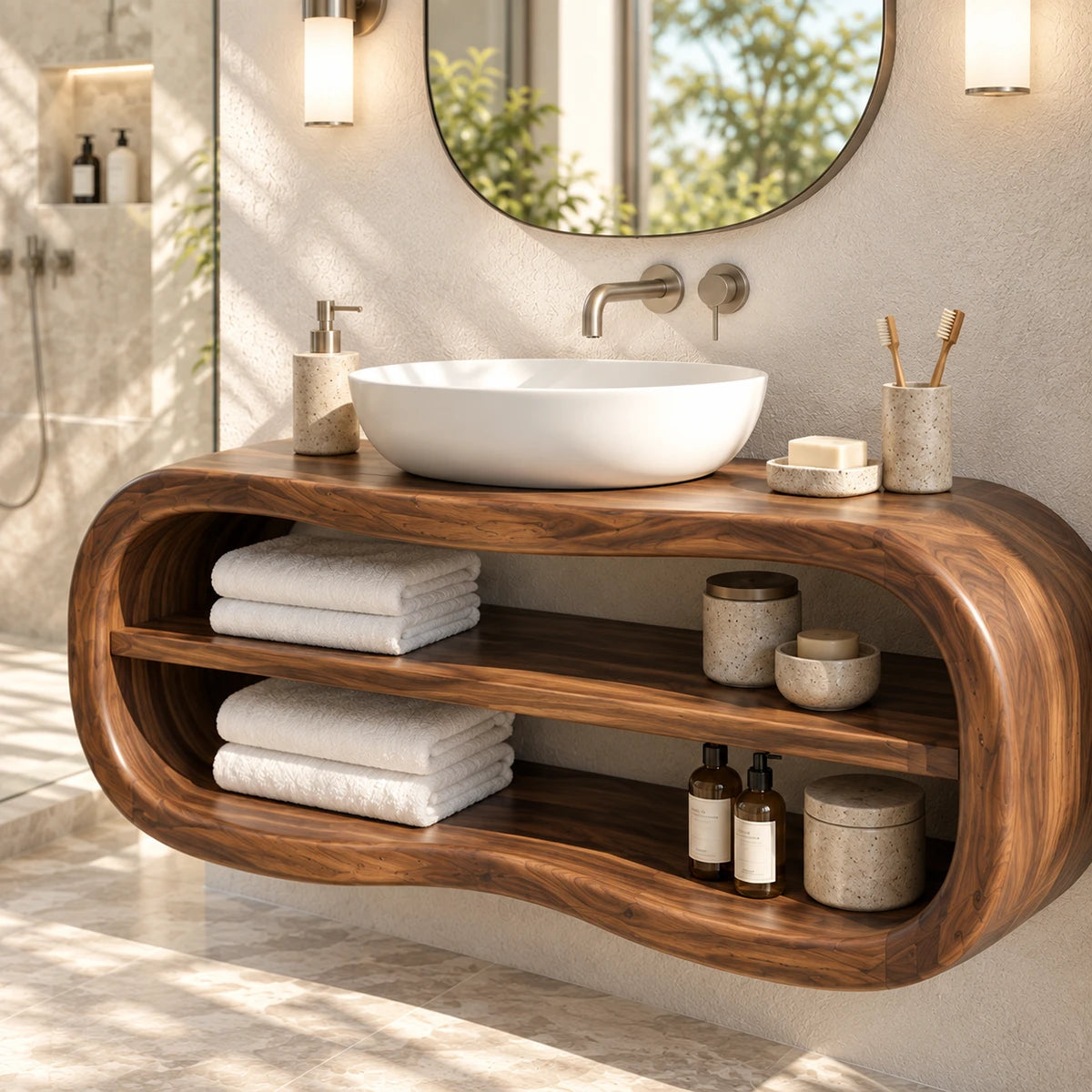 Open shelf bathroom vanity in natural solid wood with oval loop silhouette style