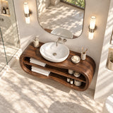 Contemporary bath vanity in natural solid wood with two tier shelf storage below